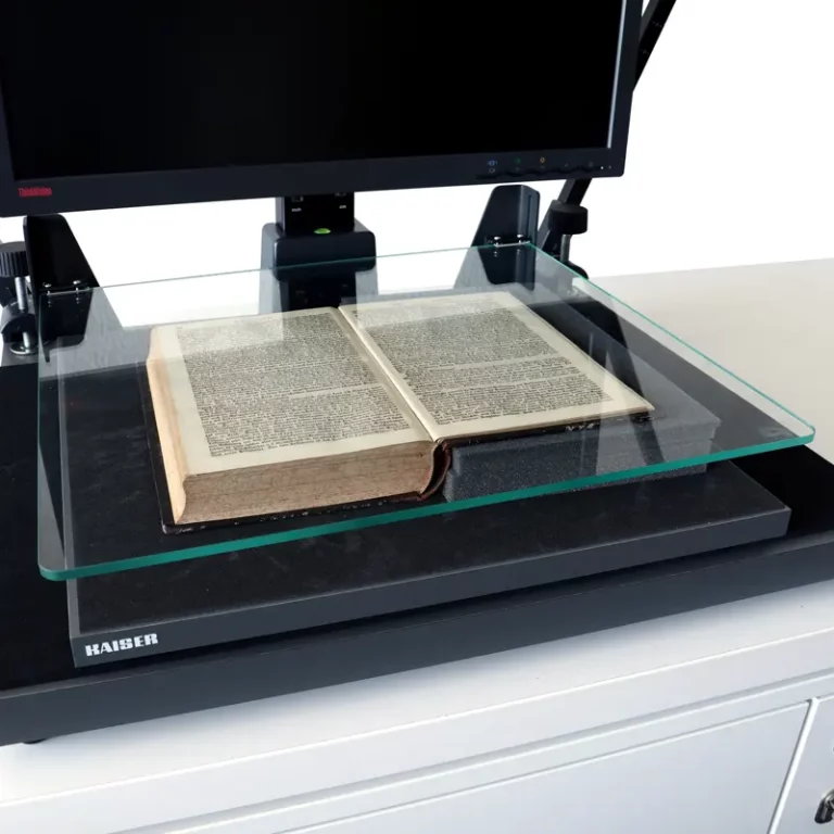 Book cradle with glass plate on archive scanner